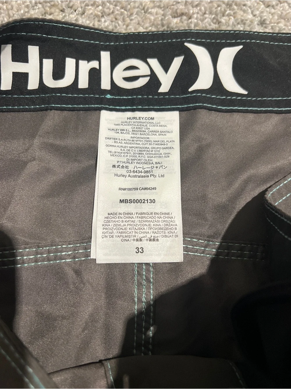 Hurley Men’s Charcoal Board Shorts with Teal Drawcords